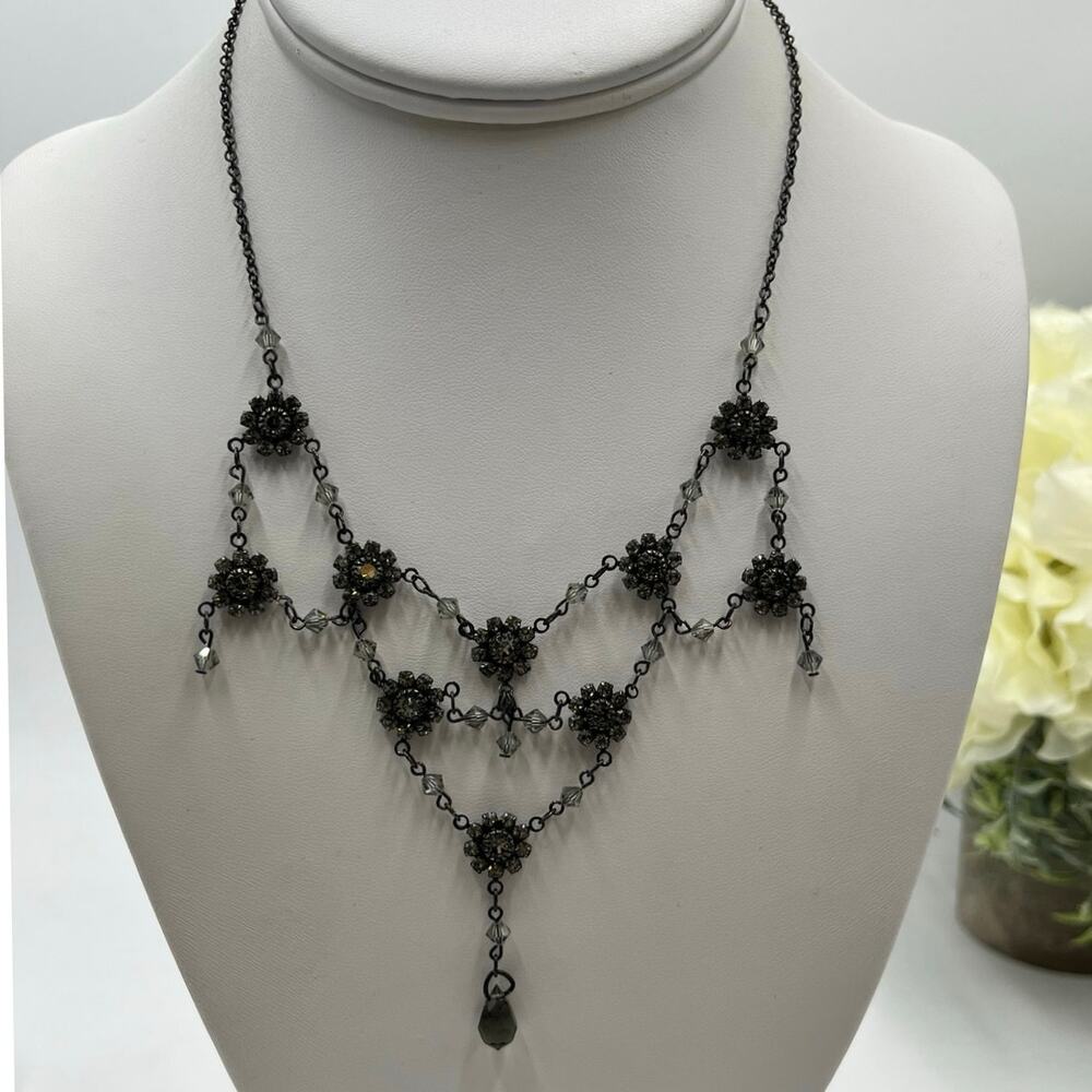 Bellagio Black Gothic Multi Tier Ornate Floral Crystal Bib Statement Necklace